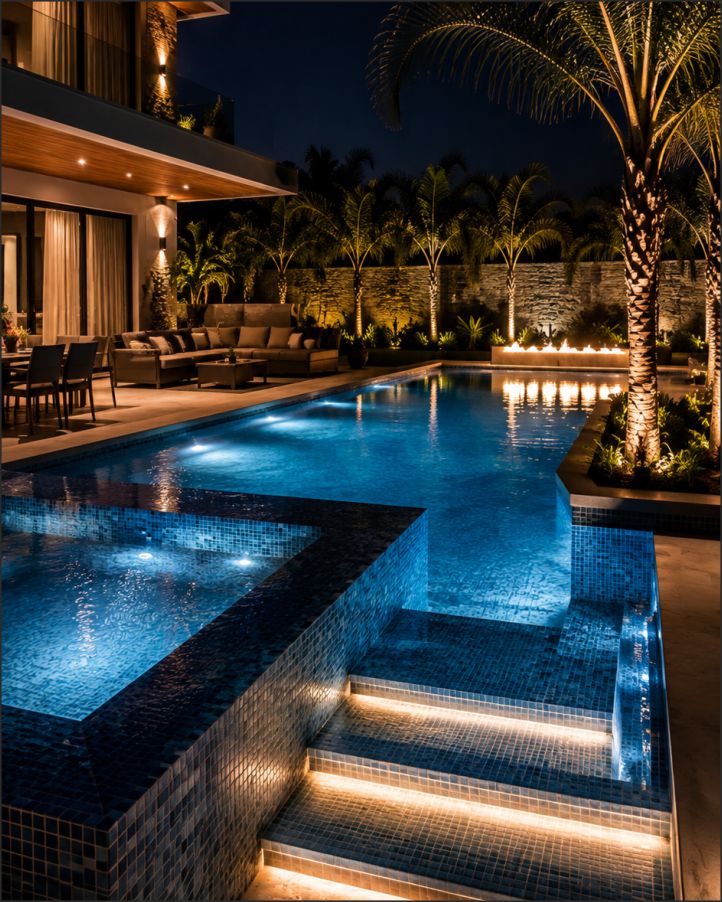 Piscina com iluminação subaquática LED durante a noite no Rio de Janeiro